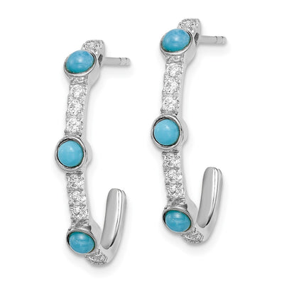 14K White Gold Turquoise and White Topaz J-hoop Earrings, 23 x 4mm