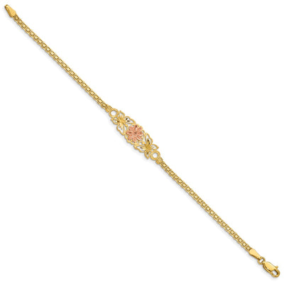 14K Two-tone Brushed and Polished Flower with Butterflies and Bismark Chain Bracelet