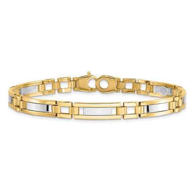 14K Two-tone Polished and Satin Fancy Bar Link Mens Bracelet