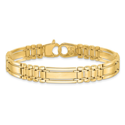14K Polished and Satin Fancy Bar Link Mens Bracelet, 8.5 x 8.8mm