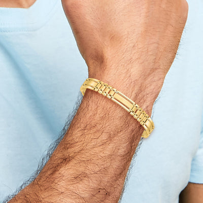14K Polished and Satin Fancy Bar Link Mens Bracelet, 8.5 x 8.8mm