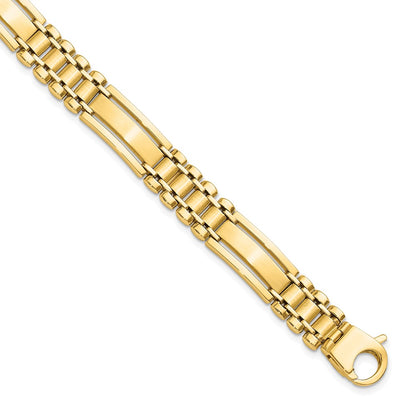 14K Polished and Satin Fancy Bar Link Mens Bracelet, 8.5 x 8.8mm