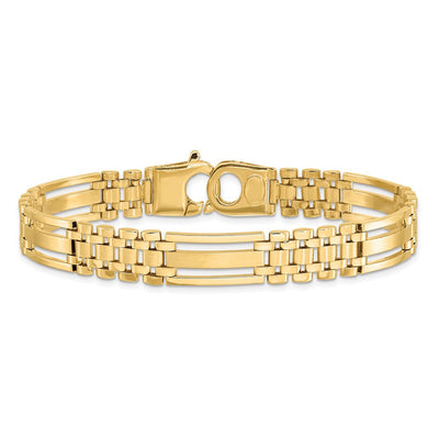 14K Polished and Satin Fancy Bar Link Mens Bracelet, 8.75 x 10.1mm
