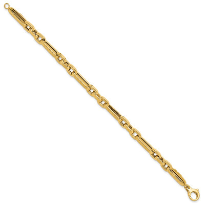 14K Polished and Textured Greek Key Design Figaro Cable Link Bracelet