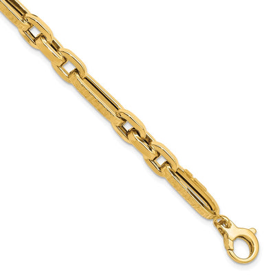 14K Polished and Textured Greek Key Design Figaro Cable Link Bracelet