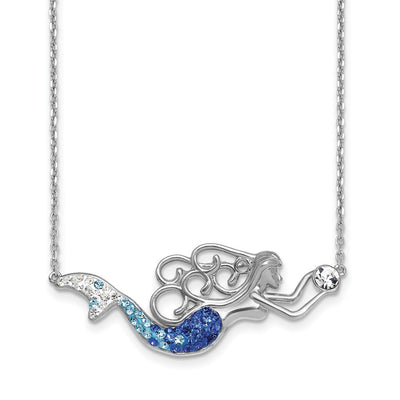 Sterling Silver Rhodium-Plated Polished Blue and White Crystal Mermaid with a extention Necklace