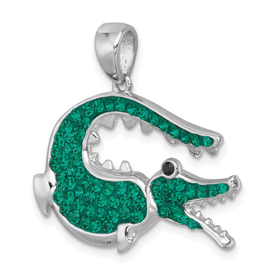 Sterling Silver Rhodium-plated Polished Green Crystal Alligator Pendant