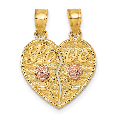 14K Two-tone Polished Break-Apart Heart With LOVE And Roses Pendant