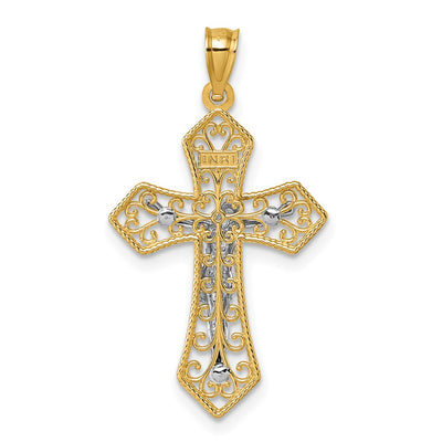 14K Two-tone Polished and Textured Filigree Passion Crucifix Pendant, 32.8 x 18.3mm