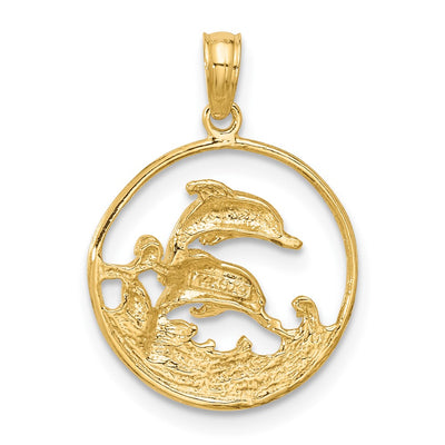 14K Double Dolphin Circle Pendant