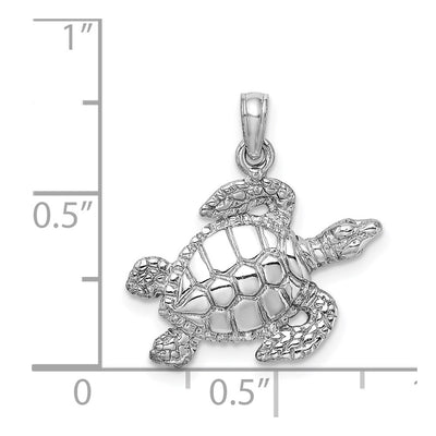 14K White Gold Textured Sea Turtle Charm, 20.5 x 20.15mm