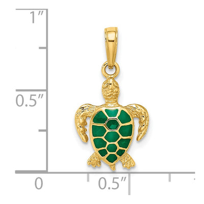 14K Green Enameled Sea Turtle Pendant, 22 x 13mm