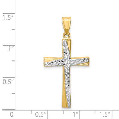 14K w/Rhodium Diamond-Cut Cross Pendant, 37 x 18mm