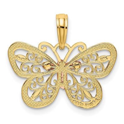 14K Two-tone w/White Rhodium Diamond-cut Butterfly Pendant, 14 x 21mm
