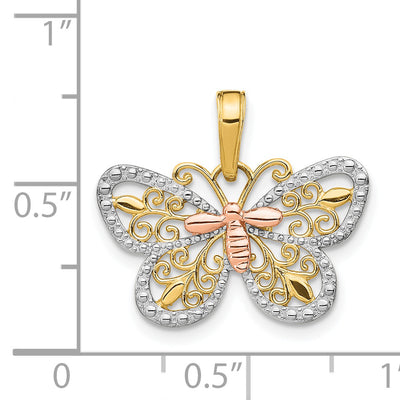 14K Two-tone w/White Rhodium Diamond-cut Butterfly Pendant, 14 x 21mm