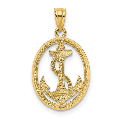 14K Gold Polished Anchor w/Rope Oval Pendant