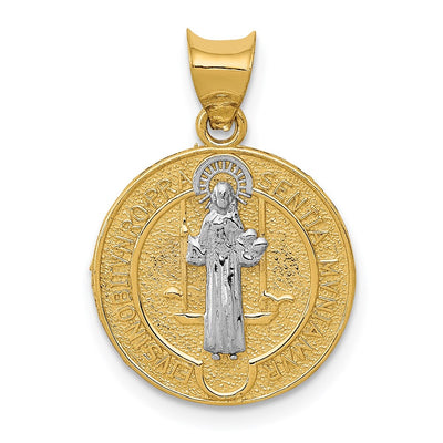 14K With Rhodium Circle St. Benedict Medal Pendant, 21.5 x 15.2mm