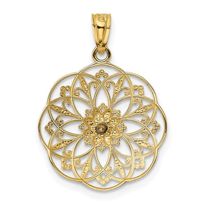 14K Yellow and Rose Polished Rose in Round Filigree Charm