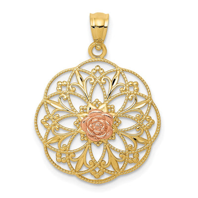 14K Yellow and Rose Polished Rose in Round Filigree Charm