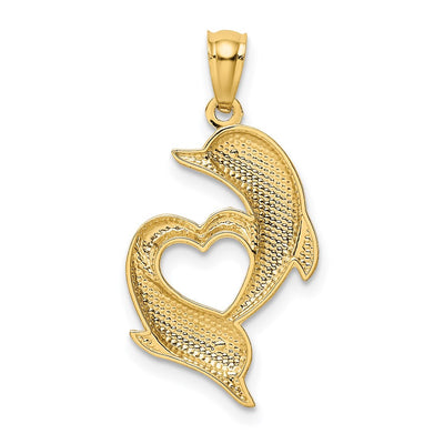 14K D/C Satin and Polished Dolphins Heart Pendant