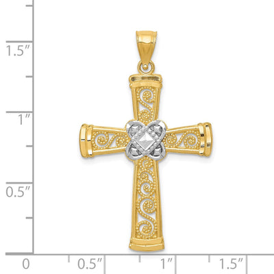 14K w/Rhodium Diamond-cut Filigree Cross Pendant, 39 x 23mm