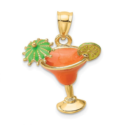 14K Orange Enameled Margarita Drink w/Umbrella and Lime Charm