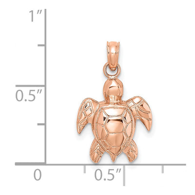 14K Rose Gold Textured Sea Turtle Charm, 14.75 x 12.7mm