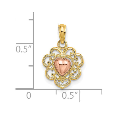 14K Yellow and Rose Polished and Textured Heart Charm