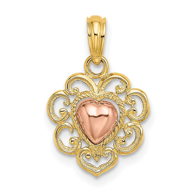 14K Yellow and Rose Polished and Textured Heart Charm