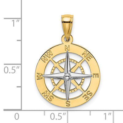 14K Nautical Compass w/White Gold Needle Charm, 26 x 18mm