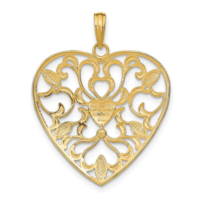 14K w/Rhodium Filigree Leaf Accent Heart Charm