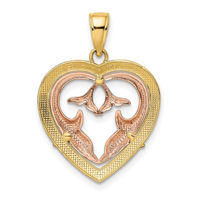 14K Two-Tone w/White Rhodium Dolphins In Heart Frame Charm