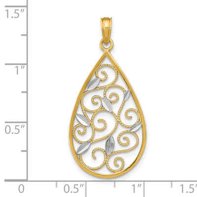14K w/Rhodium Beaded Filigree D/C Teardrop Charm, 35 x 15mm
