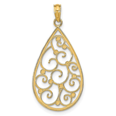 14K w/Rhodium Beaded Filigree D/C Teardrop Charm, 30 x 16mm