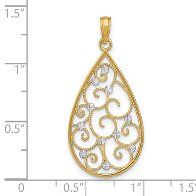 14K w/Rhodium Beaded Filigree D/C Teardrop Charm, 30 x 16mm