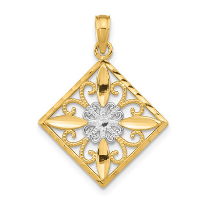 14K w/Rhodium Flower and Cross Square Charm