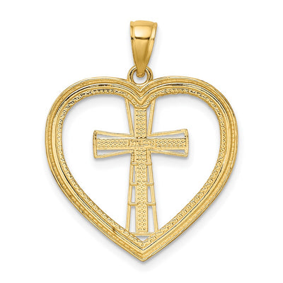 14K & White Rhodium Heart W/White Cross In Center Charm