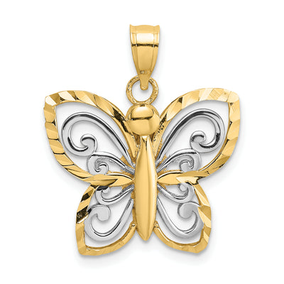 14K w/ Rhodium Diamond-cut Butterfly Charm, 19.7 x 18.6mm