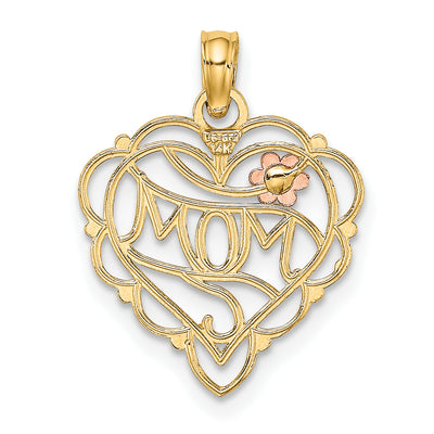 14K Two-tone w/White Rhodium Mom Heart w/Flower Charm, 20.3 x 16.2mm