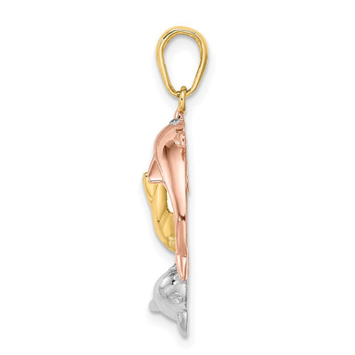 14K Tri-color Triple Dolphin Circle Pendant