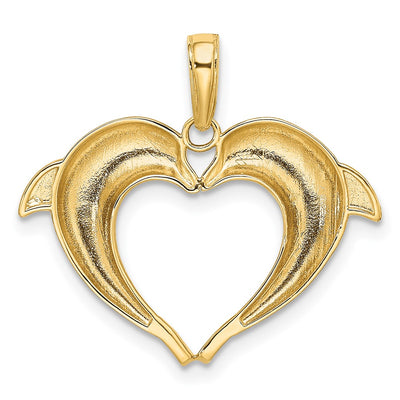 14K w/Rhodium Double Dolphin Heart Pendant