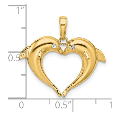 14K w/Rhodium Double Dolphin Heart Pendant