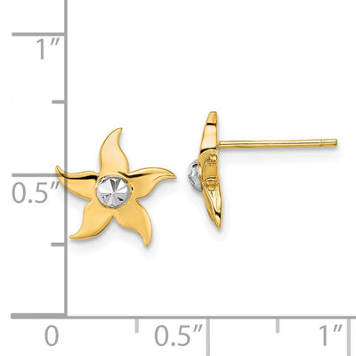 14K w/Rhodium Starfish Post Earrings, 10.67 x 10.67mm