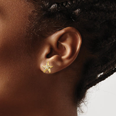 14K w/Rhodium Starfish Post Earrings, 11.9 x 11.9mm