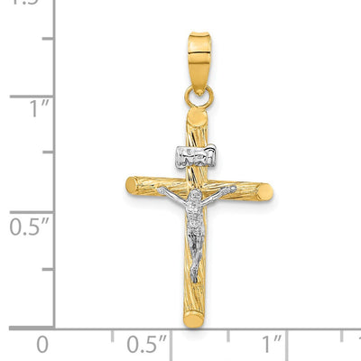14K w/White Rhod Polished & Textured Inri Crucifix Cross Pendant, 32.9 x 16.25mm