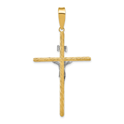14K w/White Rhod Polished & Textured Inri Crucifix Cross Pendant, 59.7 x 31.75mm