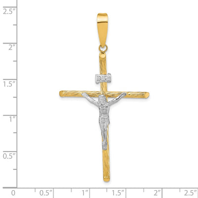 14K w/White Rhod Polished & Textured Inri Crucifix Cross Pendant, 59.7 x 31.75mm