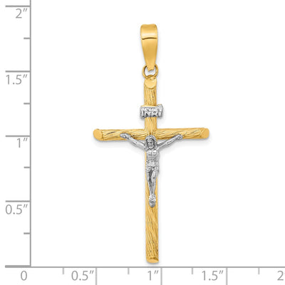 14K w/White Rhod Polished & Textured Inri Crucifix Cross Pendant, 46.45 x 21.9mm
