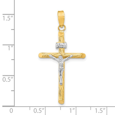 14K w/White Rhod Polished & Textured Inri Crucifix Cross Pendant, 37.6 x 18.85mm