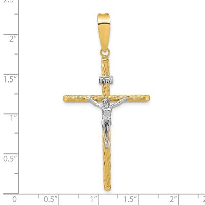 14K w/White Rhod Polished & Textured Inri Crucifix Cross Pendant, 56.8 x 27.8mm